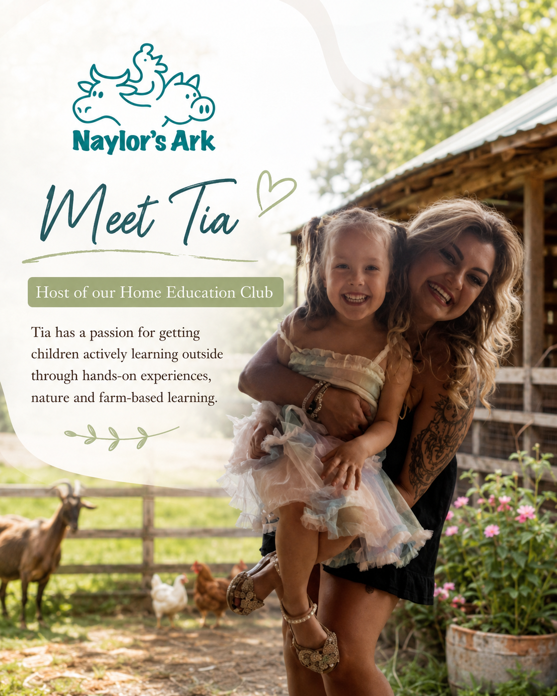Tia, host of the Home Education Club at Naylor’s Ark, holding a smiling child on the farm